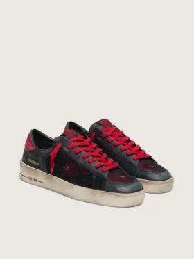Men’s Stardan in black leather with red star and black mesh and red leather inserts