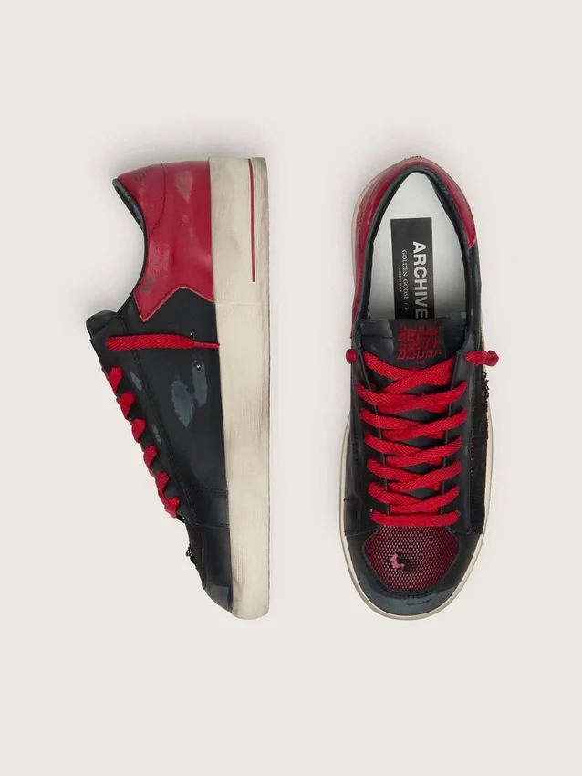 Men’s Stardan in black leather with red star and black mesh and red leather inserts
