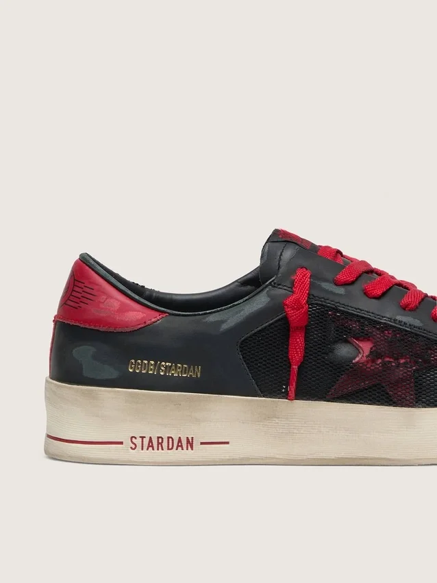 Men’s Stardan in black leather with red star and black mesh and red leather inserts