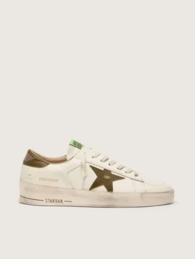 Men's Stardan in white leather with military-green snake-print leather star and heel tab