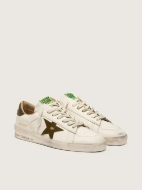 Men’s Stardan in white leather with military-green snake-print leather star and heel tab