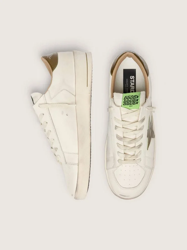 Men's Stardan in white leather with military-green snake-print leather star and heel tab