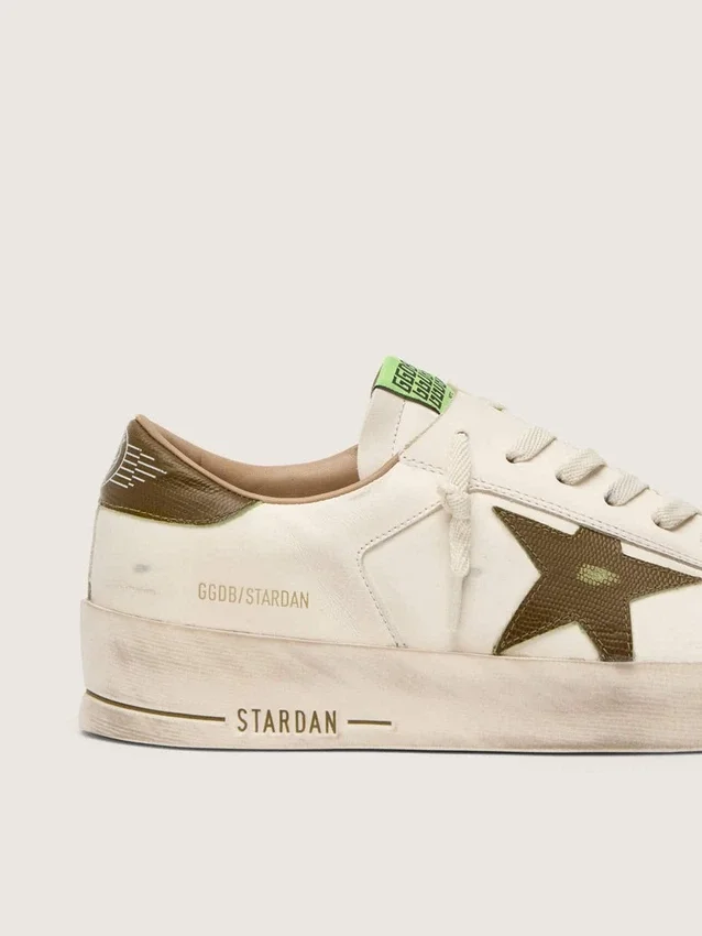 Men's Stardan in white leather with military-green snake-print leather star and heel tab
