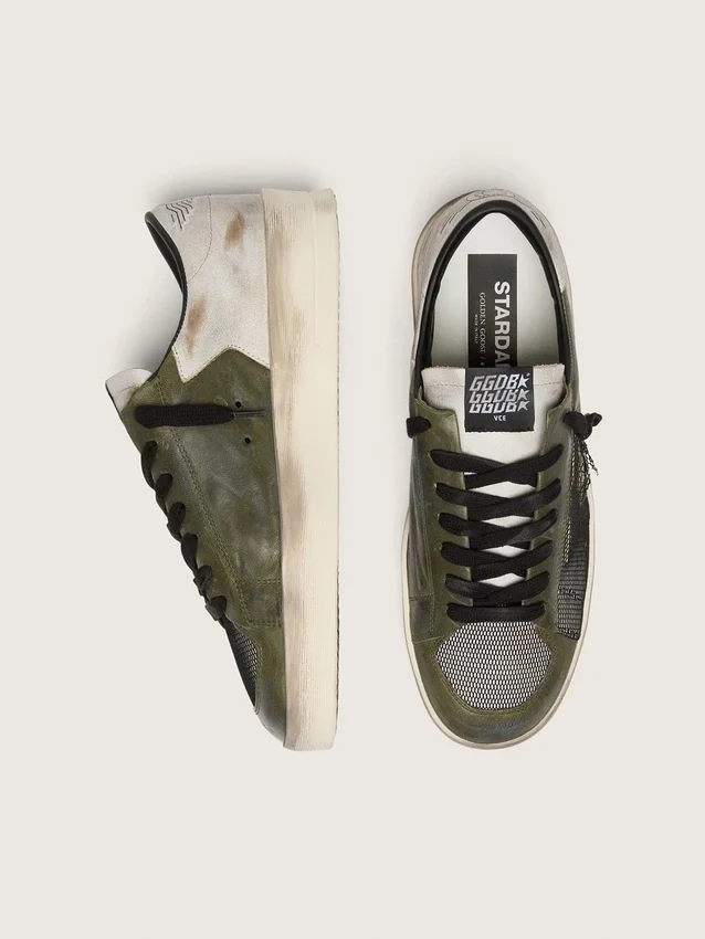 Men’s Stardan LTD in white and olive-green leather with black mesh and yellow leather star