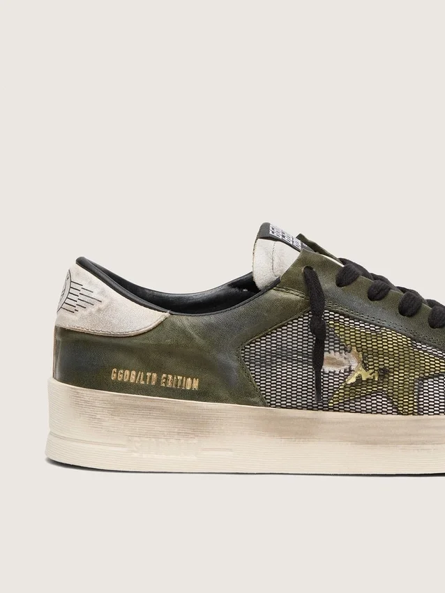 Men’s Stardan LTD in white and olive-green leather with black mesh and yellow leather star