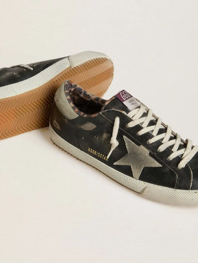 Men's Super-Star in black leather with gray suede star and heel tab