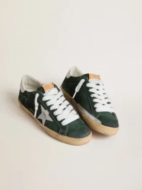 Men’s Super-Star in green suede with silver metallic leather star and leather heel tab