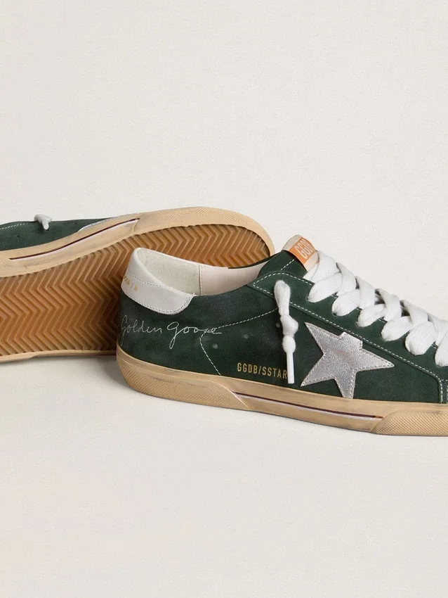 Men's Super-Star in green suede with silver metallic leather star and leather heel tab