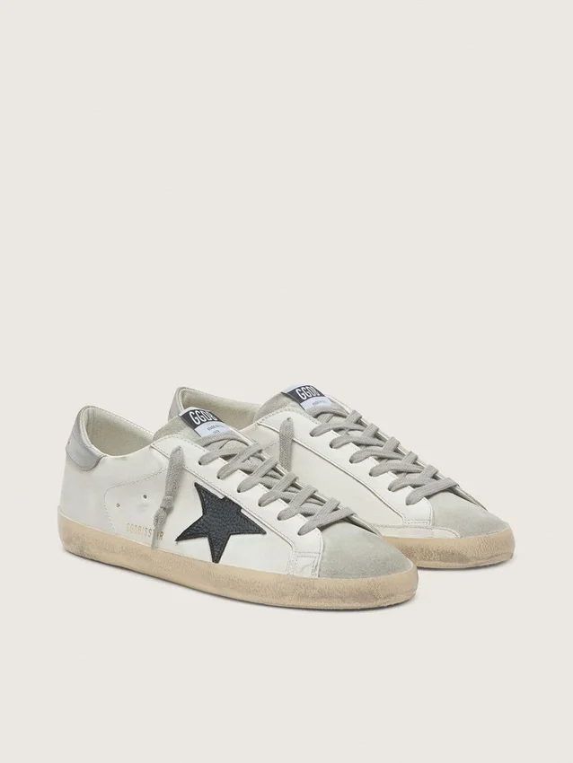 Men's Super-Star in white leather with black nubuck star and silver metallic leather heel tab