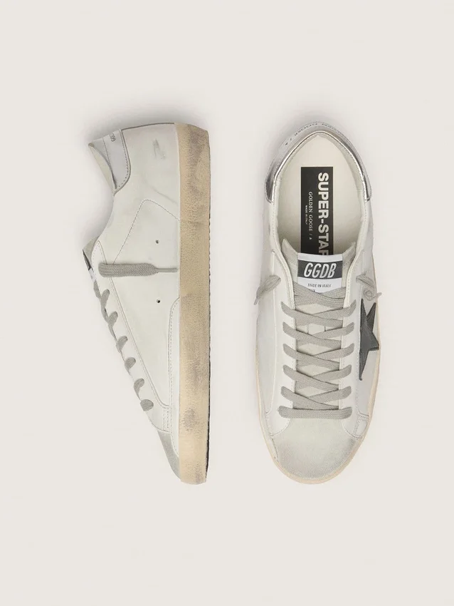 Men's Super-Star in white leather with black nubuck star and silver metallic leather heel tab