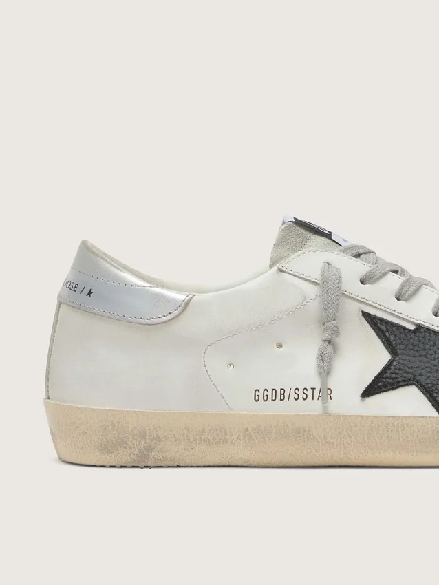 Men's Super-Star in white leather with black nubuck star and silver metallic leather heel tab