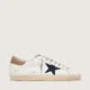 Men's Super-Star in white leather with midnight-blue canvas star and tobacco leather heel tab