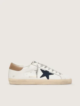 Men's Super-Star in white leather with midnight-blue canvas star and tobacco leather heel tab