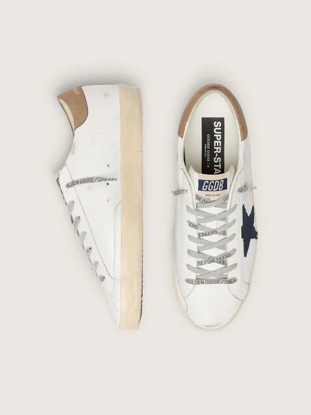 Men's Super-Star in white leather with midnight-blue canvas star and tobacco leather heel tab