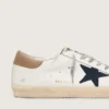 Men's Super-Star in white leather with midnight-blue canvas star and tobacco leather heel tab