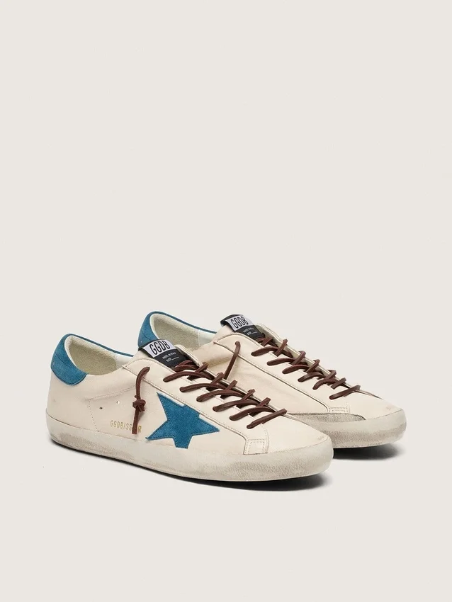 Men's Super-Star in white leather with turquoise suede star