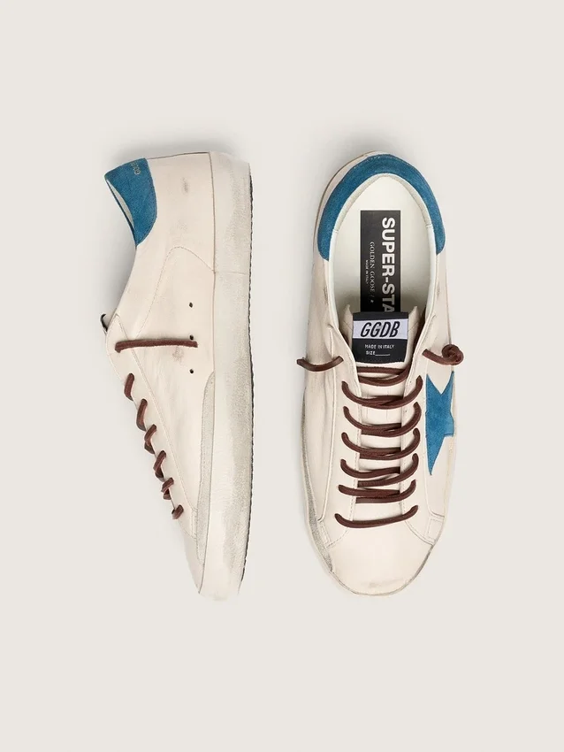 Men's Super-Star in white leather with turquoise suede star