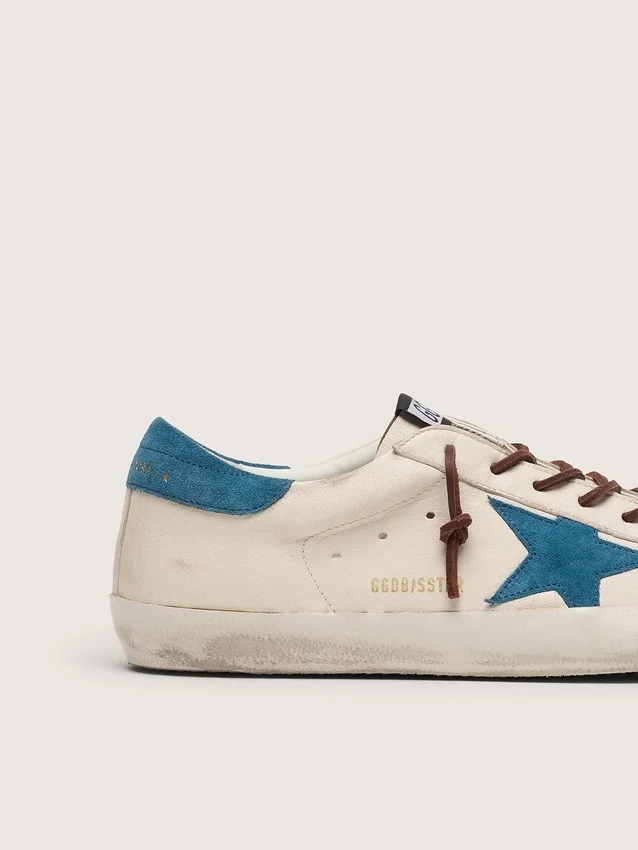 Men's Super-Star in white leather with turquoise suede star