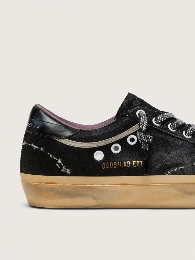 Men's Super-Star LAB in black laminated suede and nylon with raised star and laces with crystals
