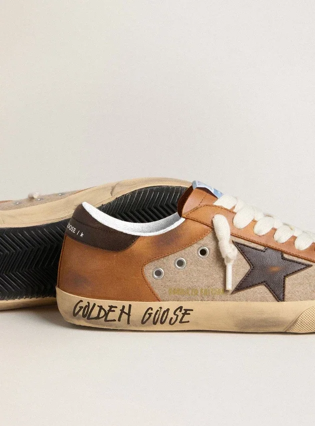 Men's Super-Star LTD in beige wool with brown leather star and camel inserts
