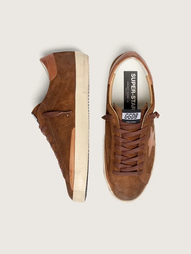 Men’s Super-Star LTD in brown suede with brick-red leather star and embroidery with green beads