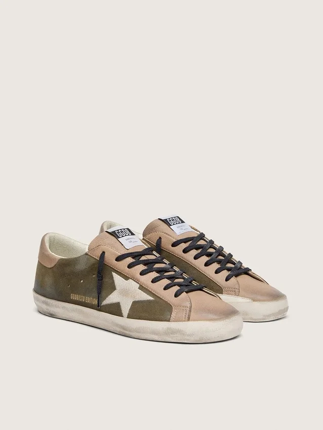 Men’s Super-Star LTD in olive-green suede with cream embroidered star