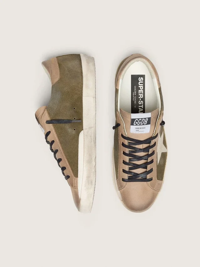 Men’s Super-Star LTD in olive-green suede with cream embroidered star