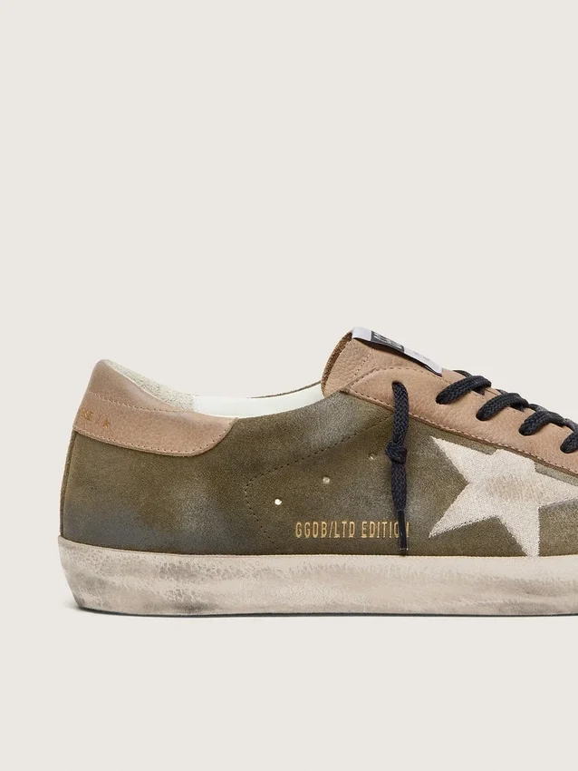 Men’s Super-Star LTD in olive-green suede with cream embroidered star