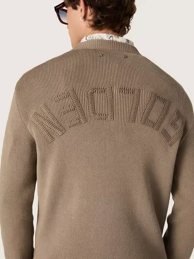 Men's sweater in light taupe organic cotton with embroidered logo