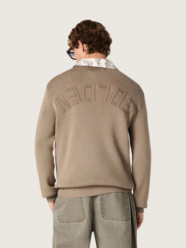 Men's sweater in light taupe organic cotton with embroidered logo