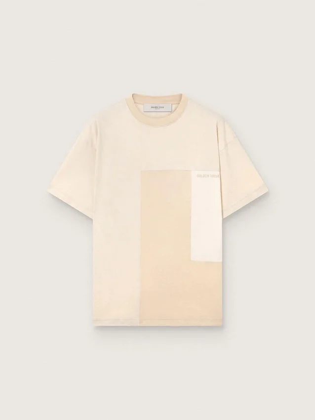 Men's T-shirt in cotton jersey with white and beige patchwork effect