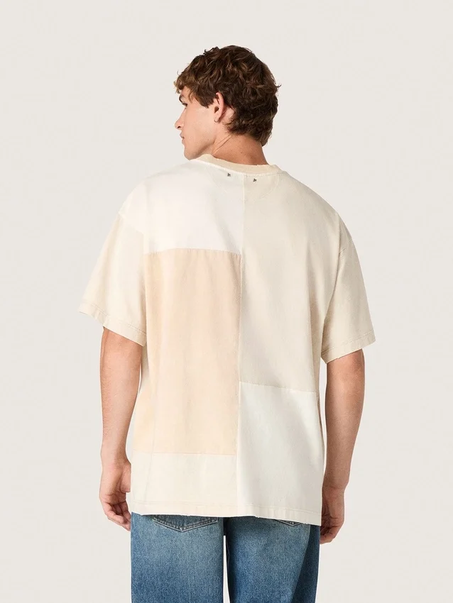 Men's T-shirt in cotton jersey with white and beige patchwork effect
