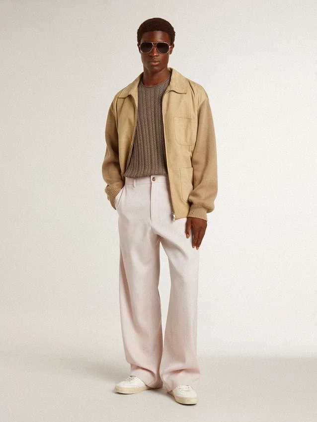Men's travertine-colored sweater with 'Golden' patch lettering on the back