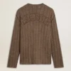 Men's travertine-colored sweater with 'Golden' patch lettering on the back
