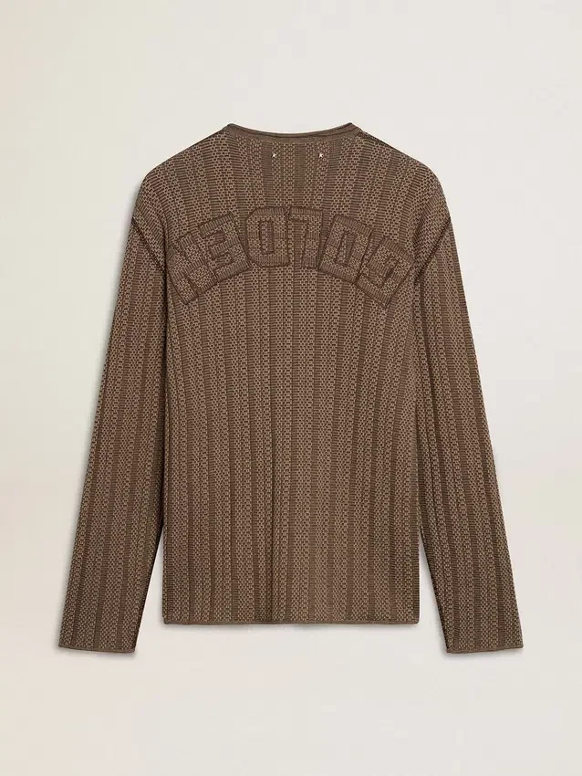 Men's travertine-colored sweater with 'Golden' patch lettering on the back