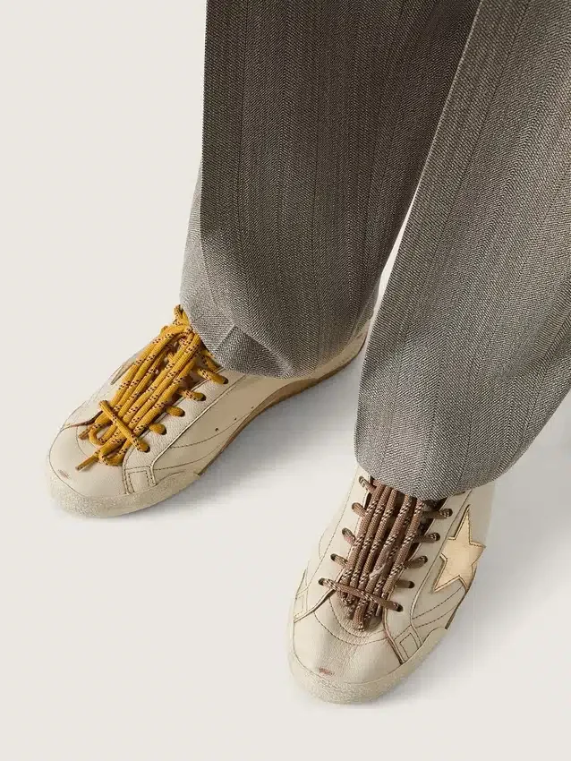 Men's True-Star in white nappa leather with gold foiled leather star and beige suede heel tab
