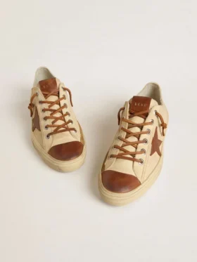Men’s V-Star in cream canvas with tobacco leather star