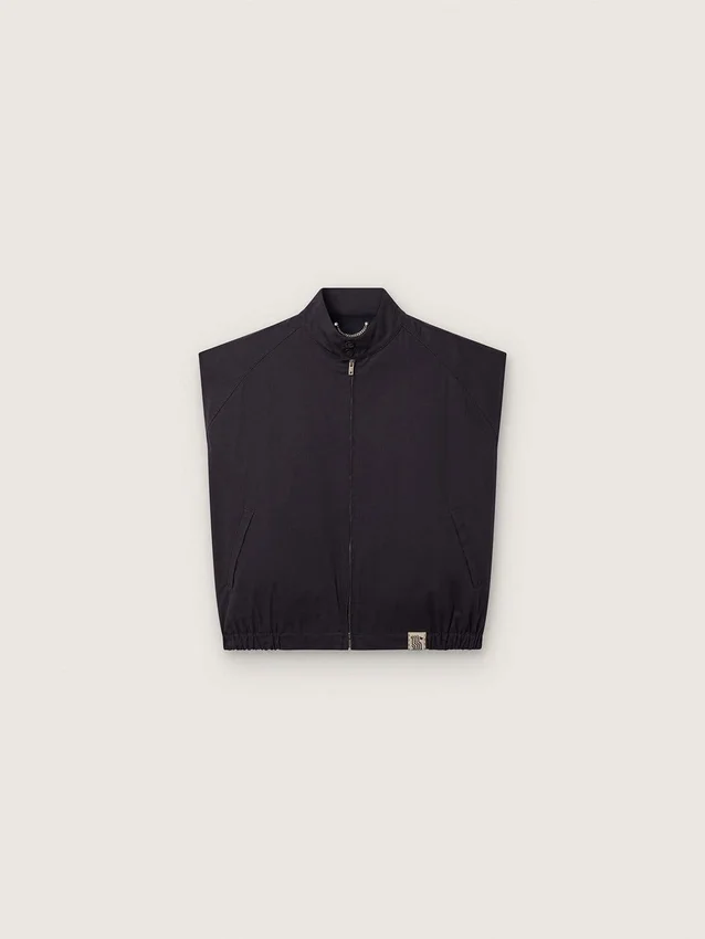 Men's vest in dark blue cotton twill with zip and flag print label