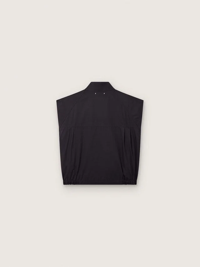 Men's vest in dark blue cotton twill with zip and flag print label