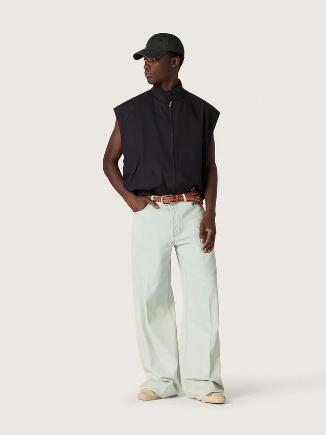 Men's vest in dark blue cotton twill with zip and flag print label