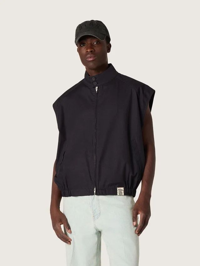 Men's vest in dark blue cotton twill with zip and flag print label