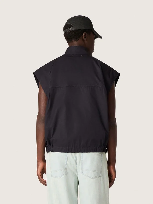 Men's vest in dark blue cotton twill with zip and flag print label