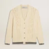 Men's white cotton cardigan with a cable pattern and blue ribbing