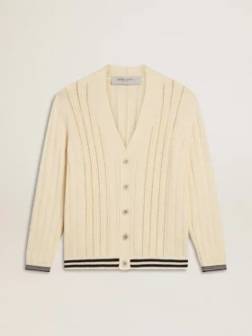 Men's white cotton cardigan with a cable pattern and blue ribbing