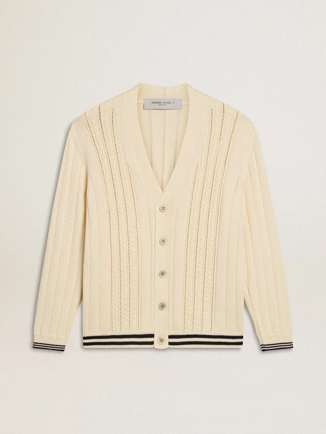 Men's white cotton cardigan with a cable pattern and blue ribbing