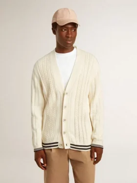 Men’s white cotton cardigan with a cable pattern and blue ribbing