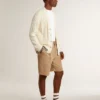 Men's white cotton cardigan with a cable pattern and blue ribbing
