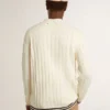 Men's white cotton cardigan with a cable pattern and blue ribbing