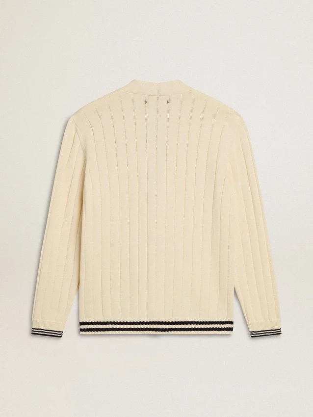 Men's white cotton cardigan with a cable pattern and blue ribbing