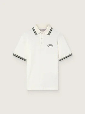 Men's white cotton polo shirt with openwork jacquard pattern